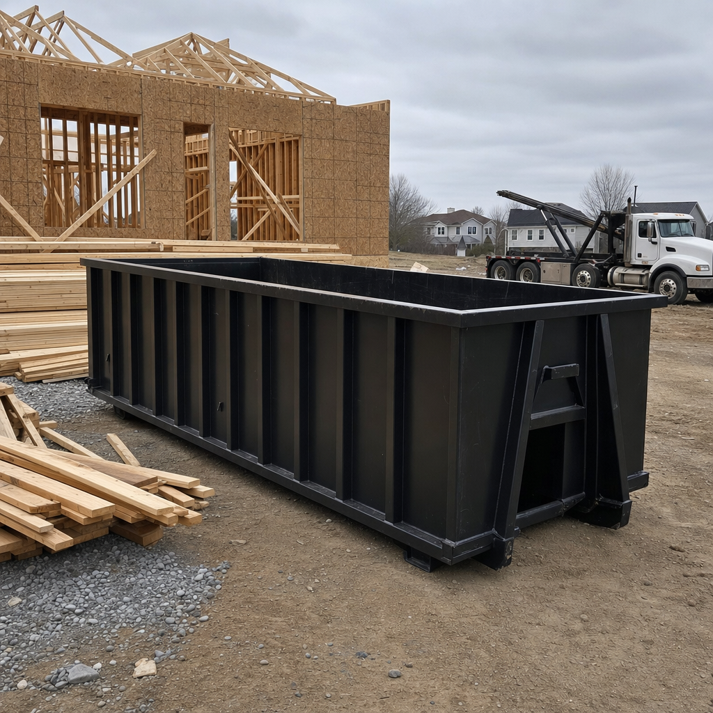Matte-black 40-yard roll-off dumpster staged on a framed-out residential construction site in York, framing lumber stacked nearby, hooklift delivery truck visible in the background under bright Colorado daylight
