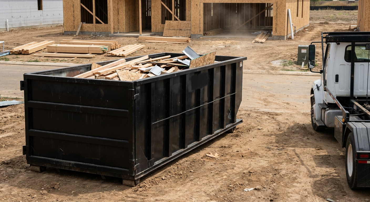 Matte-black 20-yard roll-off construction dumpster with heavy ribbed steel sidewalls and swing rear doors at a working jobsite in York, sitting directly on compacted dirt with an unmarked white hauler partially visible at the far edge of the frame.