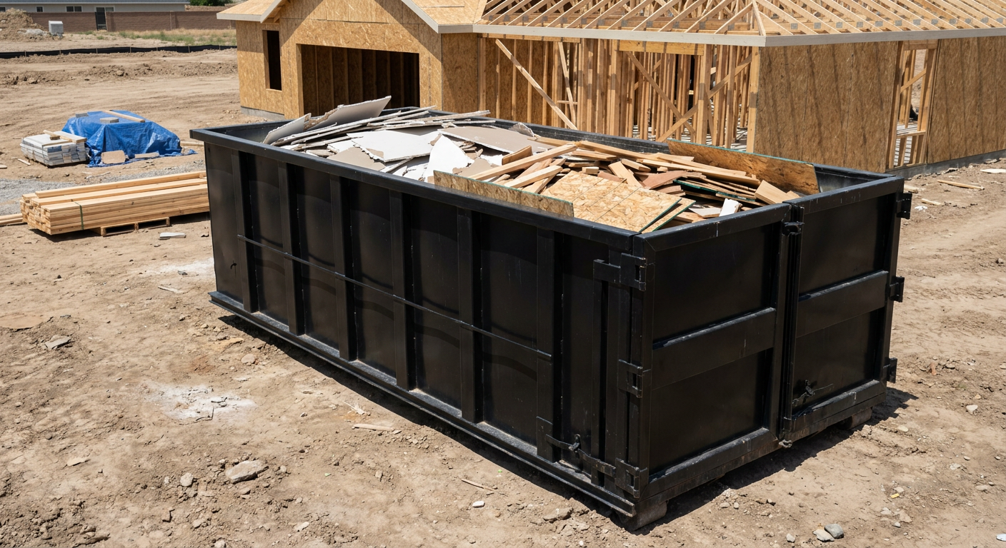 Matte-black 30-yard roll-off construction dumpster sitting directly on the compacted-dirt site of a framed single-family home build in York, drywall and lumber scrap loaded inside.