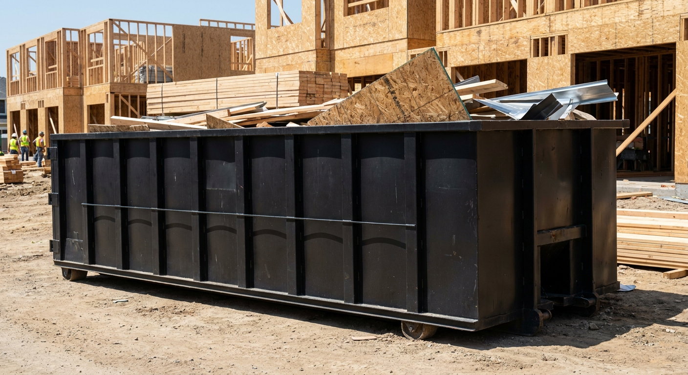 Matte-black 40-yard roll-off construction dumpster being lowered from a white-cab hooklift delivery truck onto the compacted-dirt jobsite at a commercial build site in York