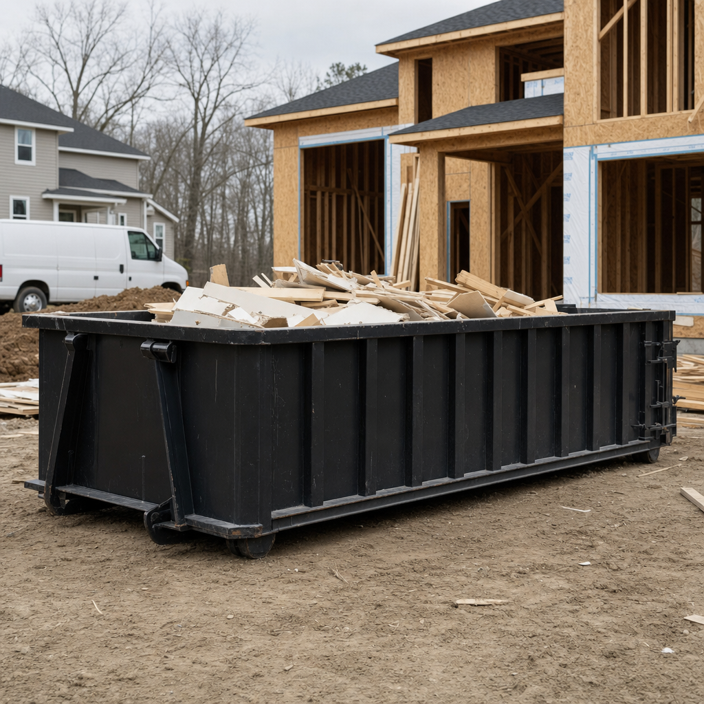 Worker in a yellow high-visibility vest tossing framing lumber and broken drywall into a matte-black 30-yard construction roll-off dumpster on an active build site in York, bright daylight