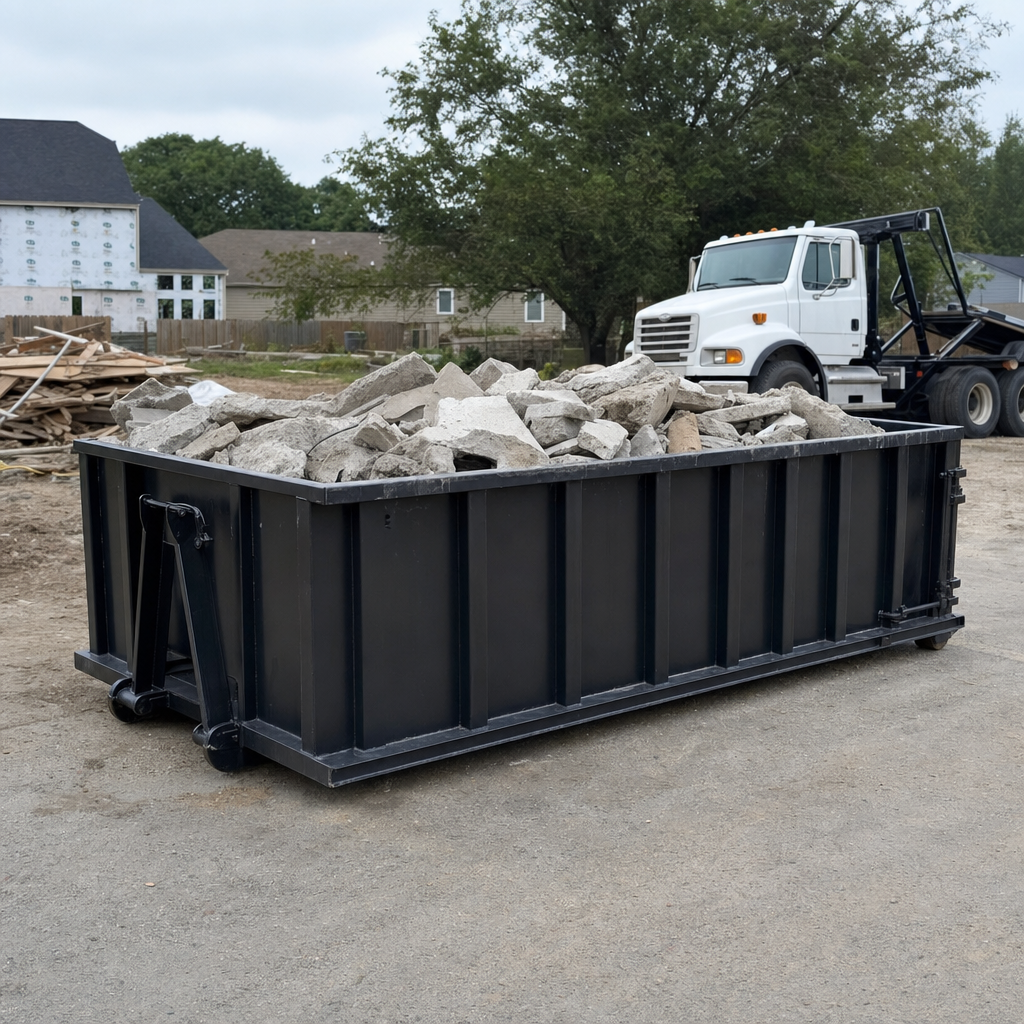 Low-profile matte-black lowboy roll-off dumpster loaded with broken concrete slab and rebar at a foundation tear-out in York, skid steer parked beside it, sunny Colorado morning