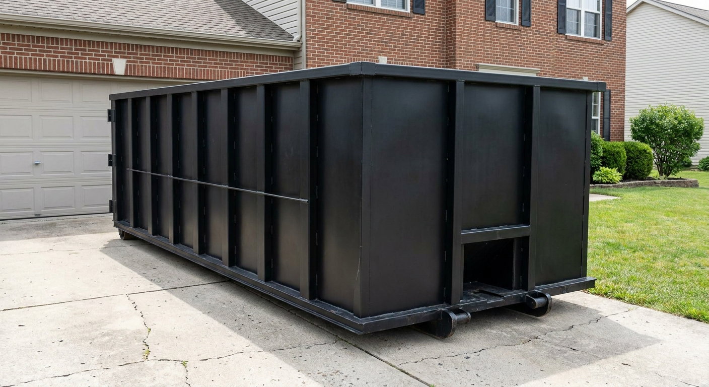 Matte-black 20-yard roll-off container on a York residential concrete driveway with reinforced ribbed steel sidewalls and a hinged rear walk-in door, clean bright daylight.