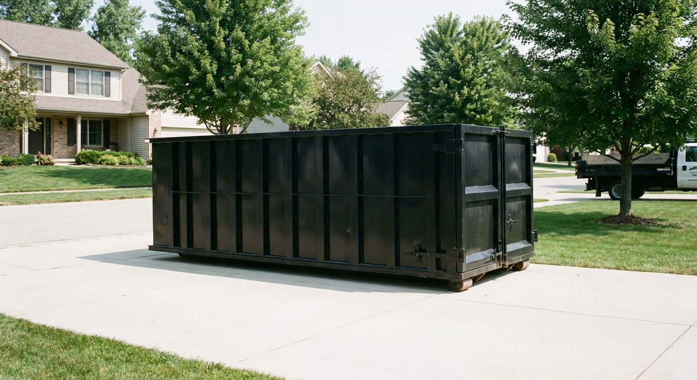 Matte-black 20-yard roll-off dumpster sitting level on a clean York residential concrete driveway under bright daylight, demonstrating clean placement directly on the concrete.