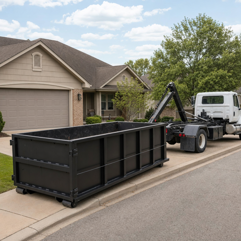 Wide documentary shot of a matte-black roll-off dumpster on a York residential driveway in the foreground and a contractor jobsite container in the soft-focus background, bright daylight, calm and orderly composition.
