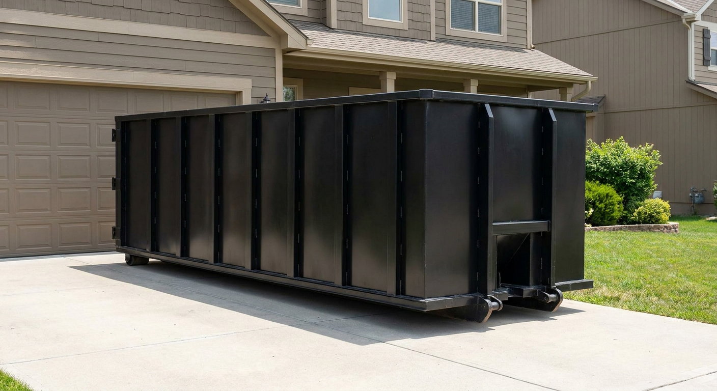 Matte-black residential roll-off dumpster sitting directly on a suburban York concrete driveway, garage door closed, single-family home in background, bright morning daylight.