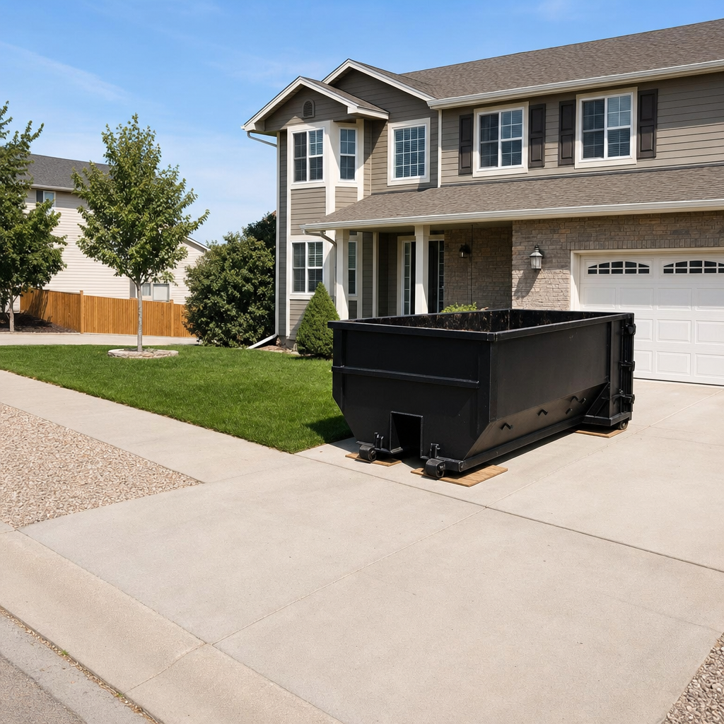 10-yard matte-black residential dumpster placed directly on a narrow York concrete driveway, room remains for a parked sedan beside it, mid-morning natural light