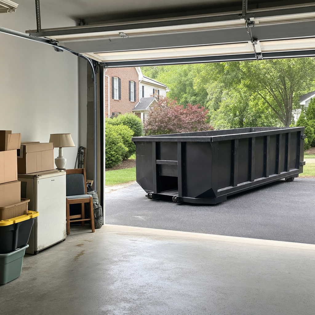 Open garage interior in a York home mid-cleanout — boxed items, an old appliance, and stacked yard tools queued near the driveway for a matte-black roll-off dumpster, organized and calm