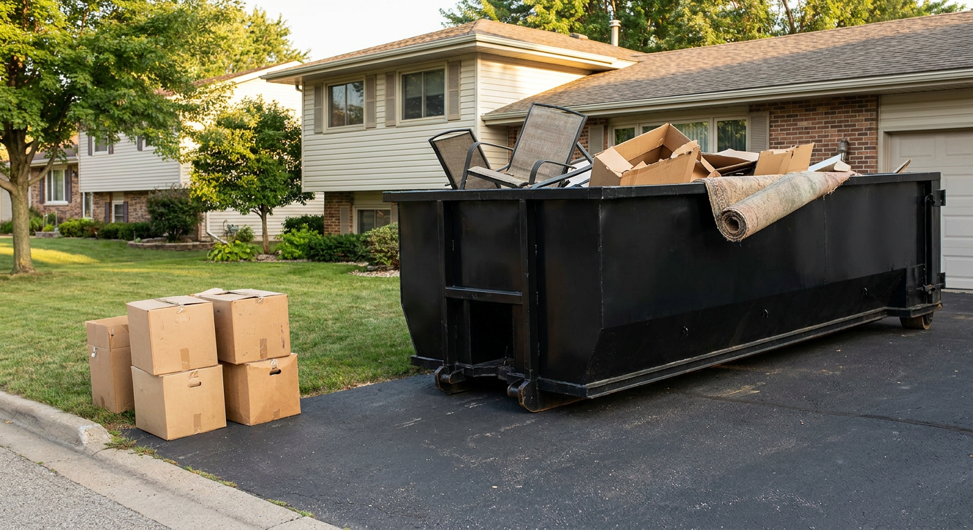 Front-yard view of a York split-level home with a 20-yard matte-black roll-off dumpster sitting directly on the asphalt driveway, a few clearly labeled donation boxes staged at the curb, calm sunny afternoon.