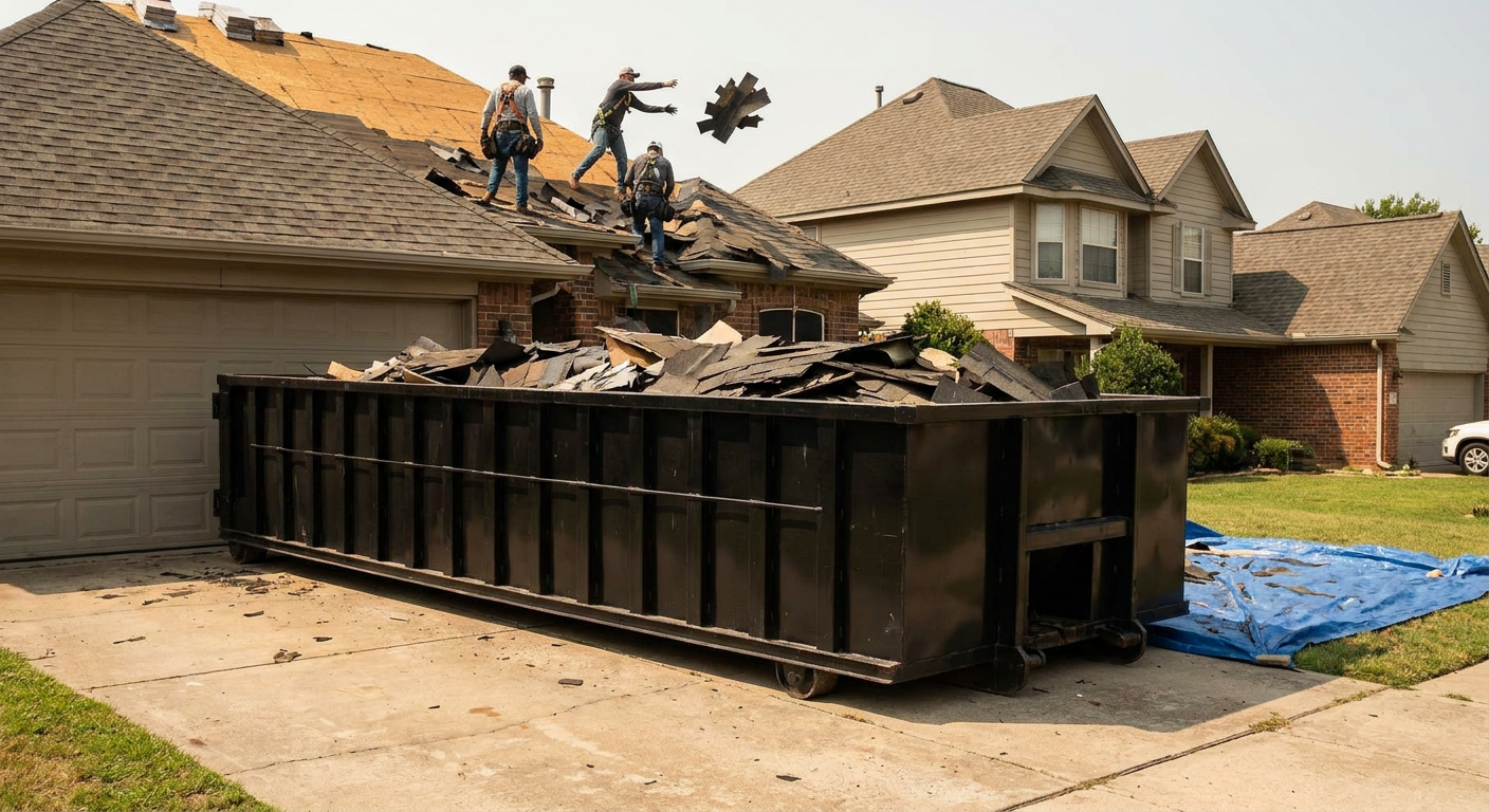Matte-black roofing roll-off dumpster placed directly on a York residential concrete driveway, a tear-off crew on a two-story asphalt-shingle roof tossing shingle bundles into the low-walled container, bright daylight, documentary 35mm perspective.