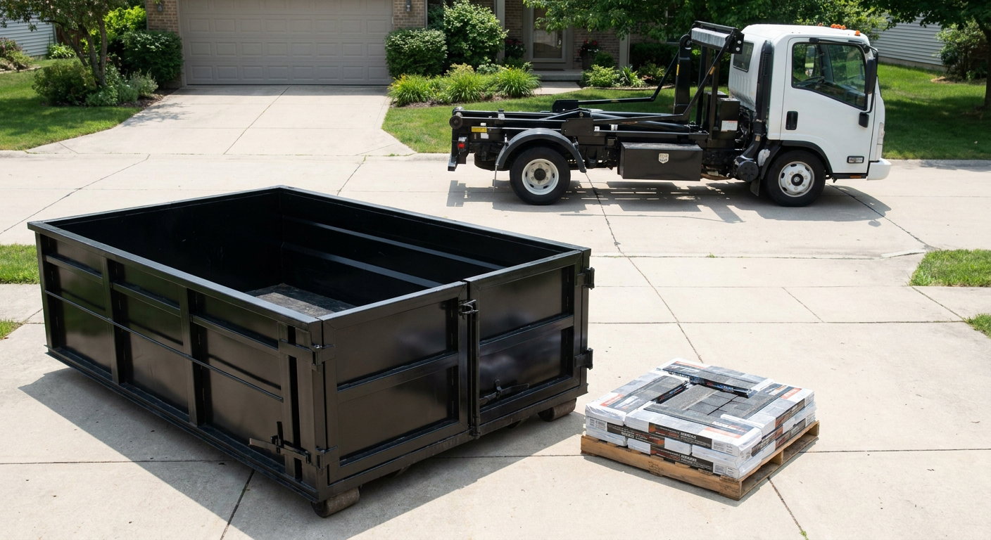 Matte-black 15-yard roofing roll-off dumpster with reinforced low side walls sitting directly on a York residential concrete driveway, three-tab asphalt shingle bundles stacked nearby, an unmarked white hauler truck partially visible at the edge of the frame.