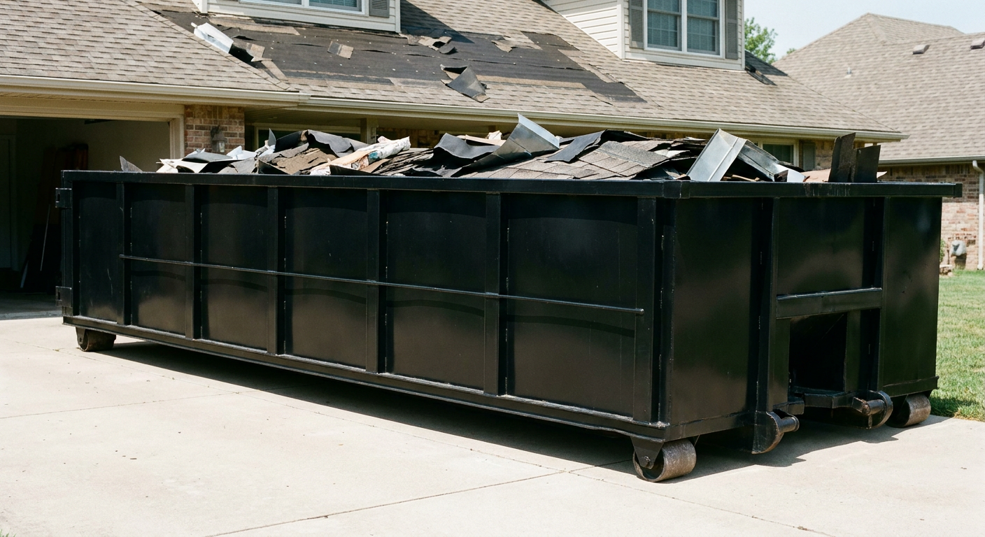 Matte-black 20-yard roofing roll-off dumpster with steel ribbed sides and swinging rear door, sitting directly on the concrete driveway of a two-story York home, asphalt shingle debris being loaded over the low wall, clean documentary lighting.