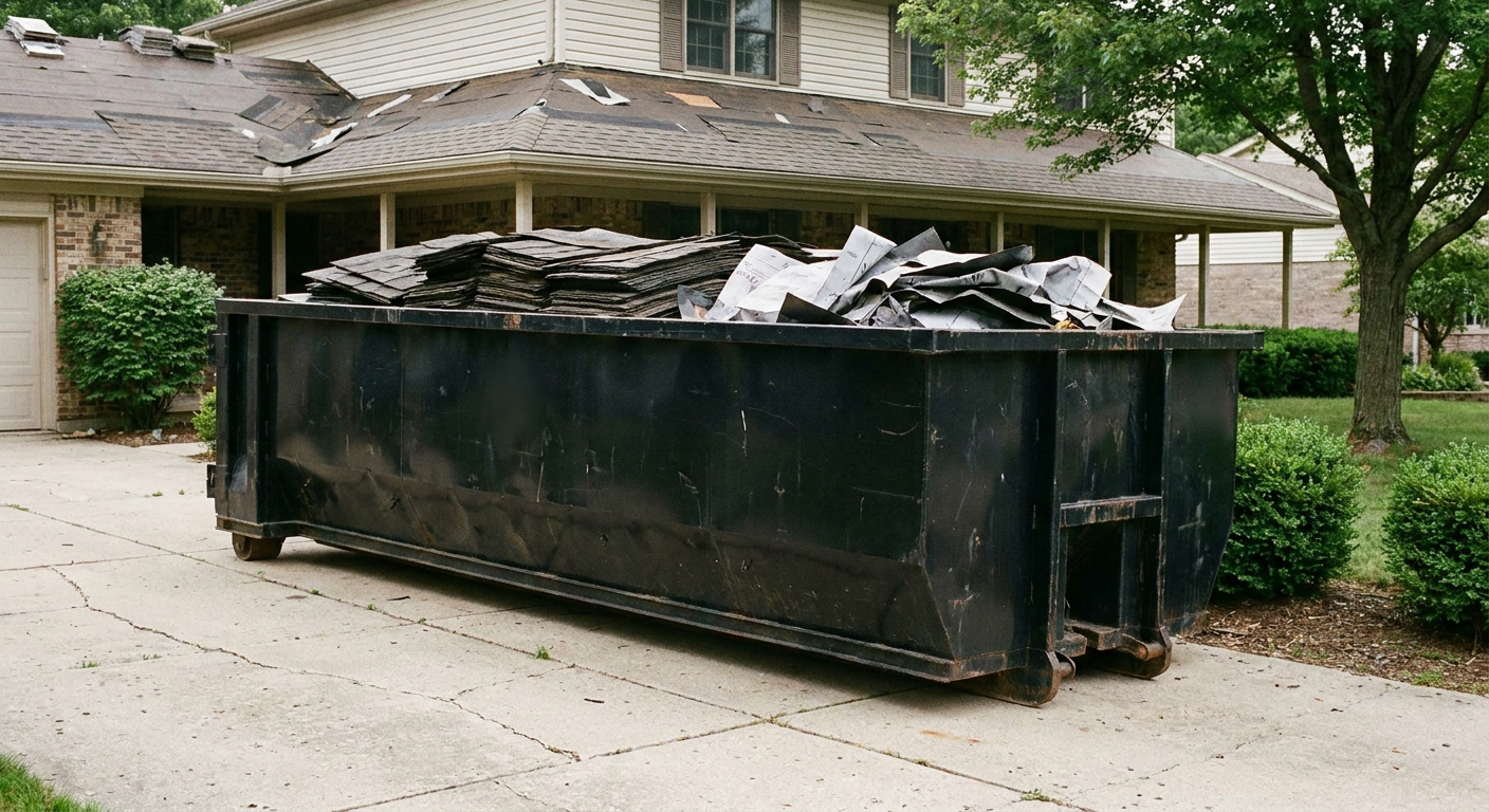 Matte-black 30-yard roofing roll-off dumpster sitting directly on a York concrete driveway, taller ribbed steel side panels, mixed tear-off debris of asphalt shingles and underlayment inside, professional documentary daylight.