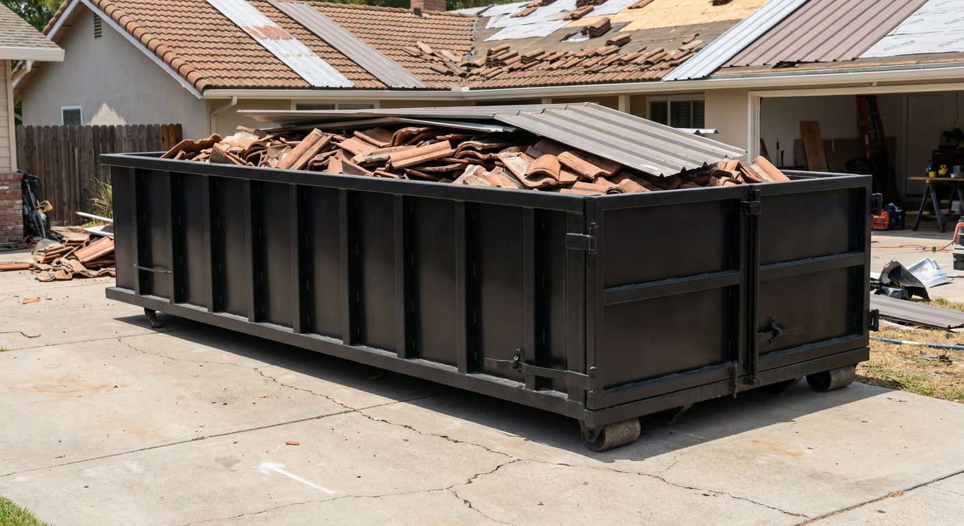 Matte-black low-wall heavy-debris roofing roll-off dumpster sitting directly on a York concrete driveway, broken concrete clay roof tiles and metal panel sections loaded inside, reinforced ribbed steel side walls visible, bright outdoor daylight.