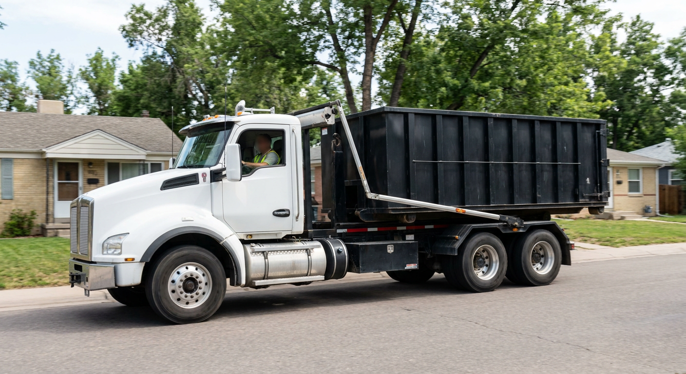 A wide documentary shot of a matte-black roll-off delivery truck pulling onto a quiet York residential street at mid-morning, with neighborhood rooftops and tree-lined blocks visible behind, showing the metro coverage footprint.