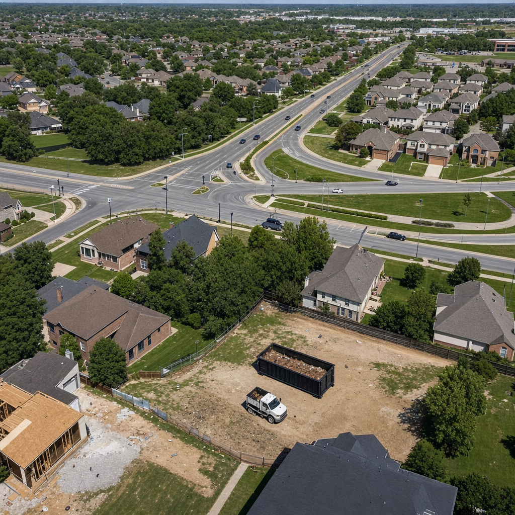 An overhead documentary view of the York metro area at midday, showing the spread of neighborhoods, arterial roads, and the dispatch radius from a central yard — clean daylight, organized geographic layout.