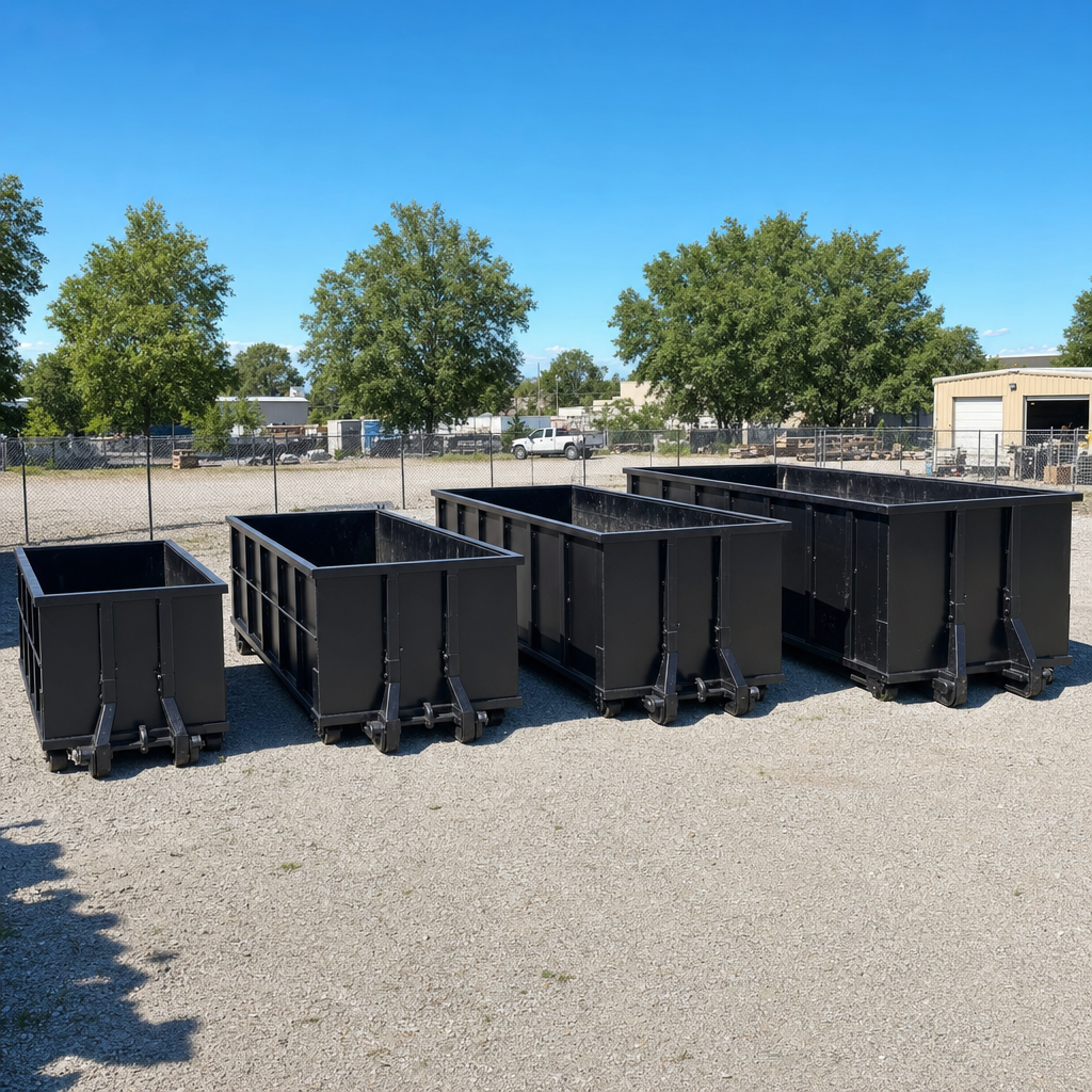 A clean lineup of matte-black roll-off dumpsters in 10, 20, 30, and 40-yard sizes staged on a sunlit gravel yard in York, showing the size progression from compact to commercial-scale containers.