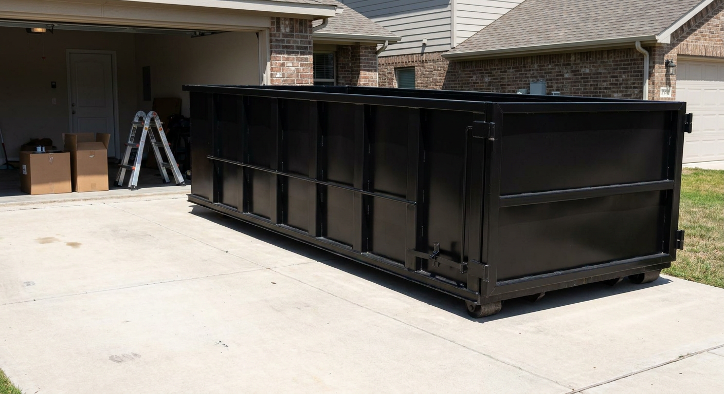 A matte-black 10-yard roll-off dumpster sitting directly on a residential York concrete driveway, mid-day sunlight, clean and ready for a garage cleanout.