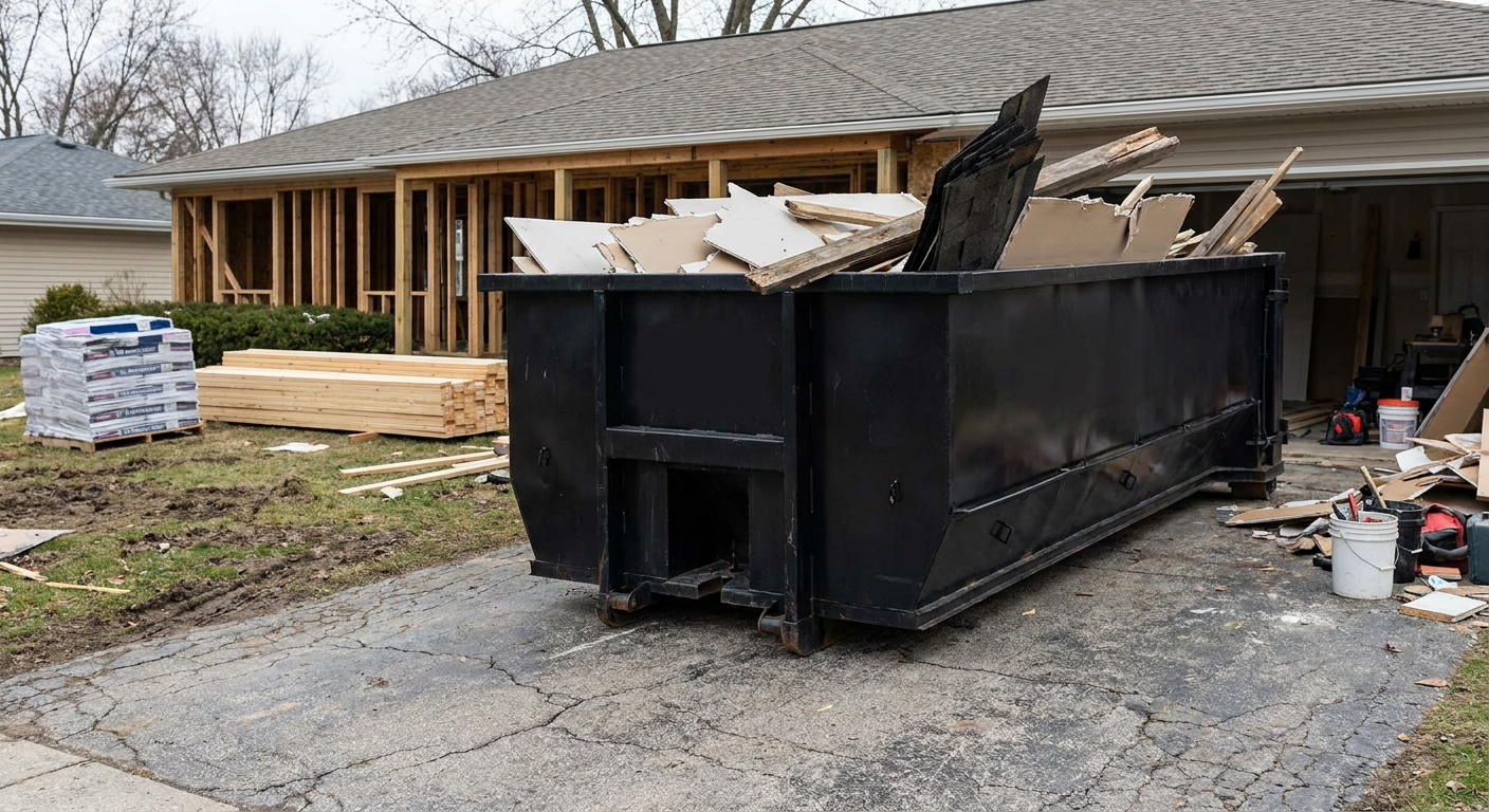 A matte-black 20-yard roll-off dumpster placed alongside a mid-renovation York home directly on the asphalt driveway, with framing materials and torn-off shingles staged neatly nearby.