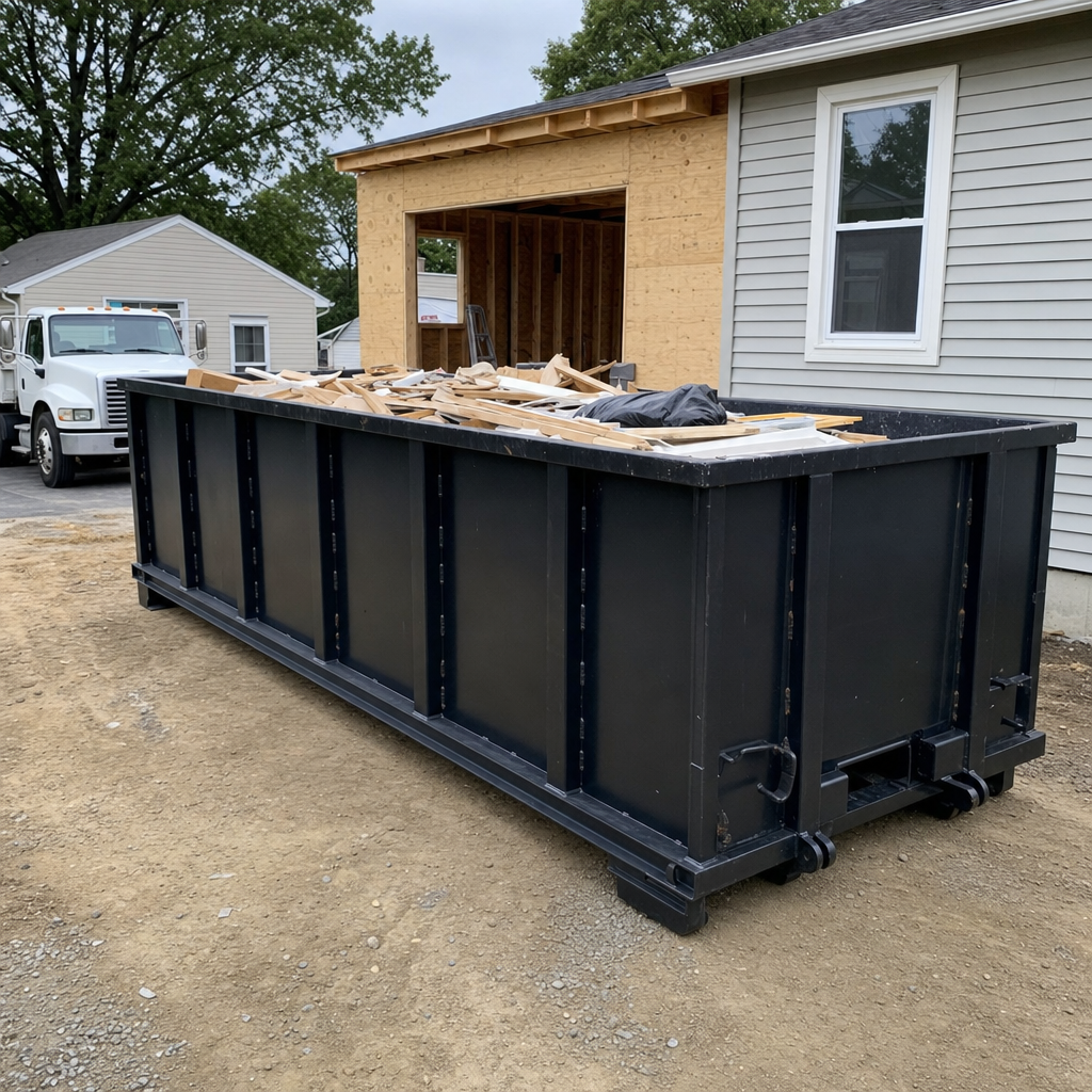 A matte-black 30-yard roll-off dumpster positioned at a York residential addition jobsite, with framing lumber and drywall scraps loaded through the open swinging rear doors.