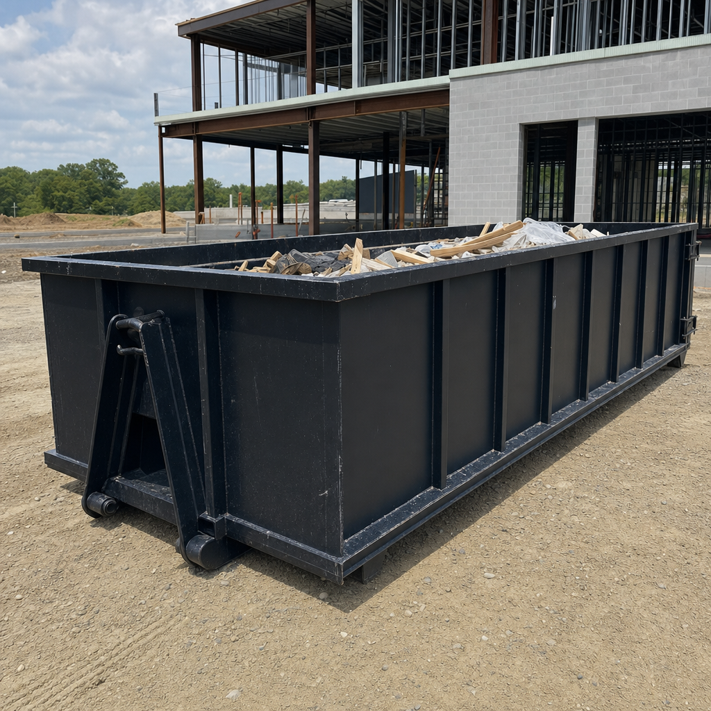 A matte-black 40-yard roll-off dumpster staged on a large York commercial construction lot, with a hooklift delivery truck parked alongside under bright midday sky.