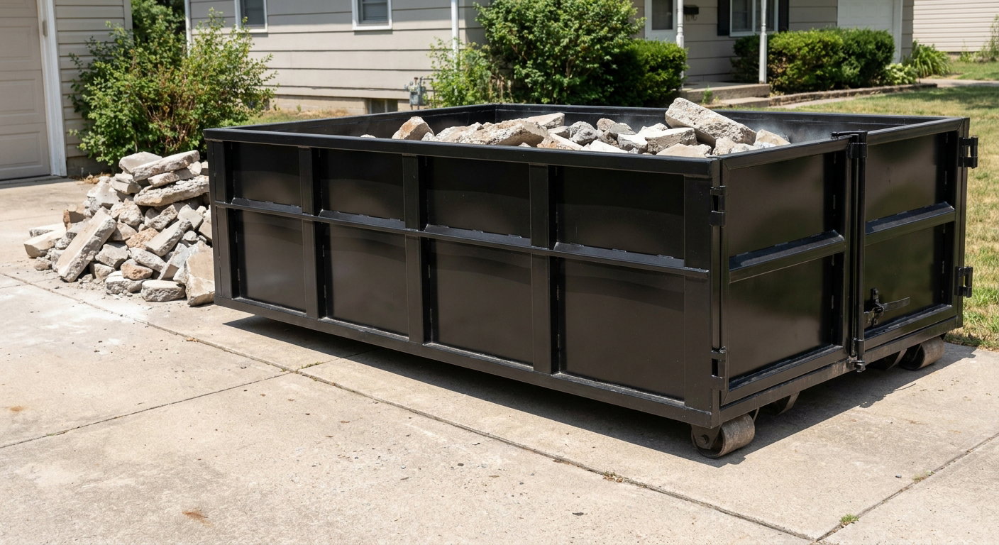 A matte-black low-side heavy-debris roll-off dumpster placed directly on a York concrete driveway, with broken concrete chunks neatly stacked beside it under clean daylight.